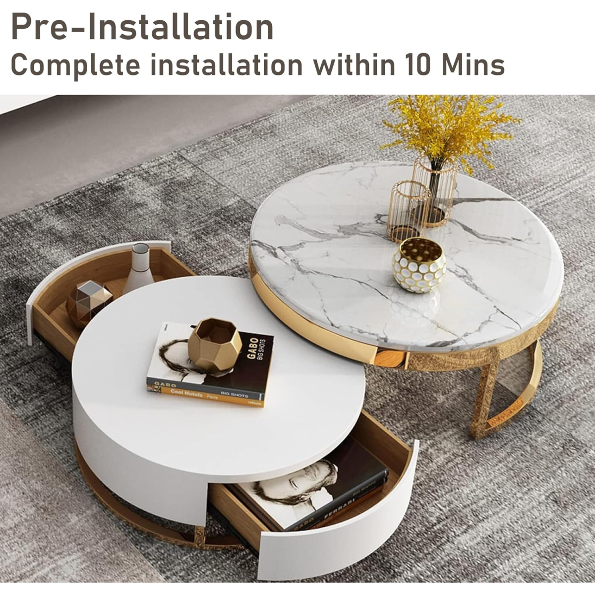 WoodFX woodefurniture coffee White Round Table with Slate Marble tabletop Metal Frame 2 Wooden Drawer