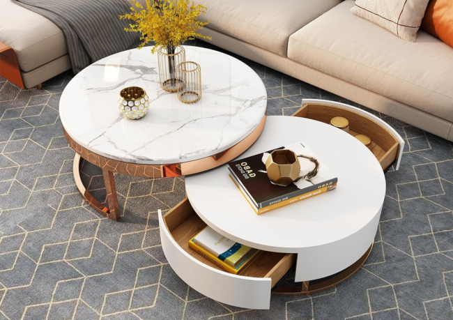 WoodFX woodefurniture coffee White Round Table with Slate Marble tabletop Metal Frame 2 Wooden Drawer