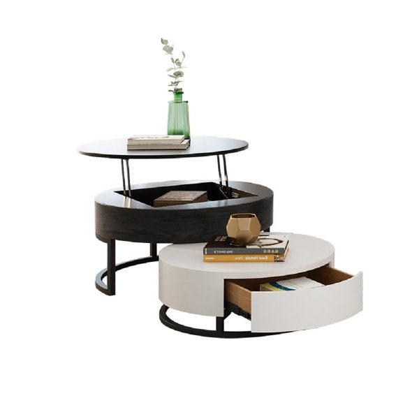 Modern Round Lift Top Wood Coffee Table, Modern Round Coffee Table With Storage White Stone Nesting Rotatable Drawers