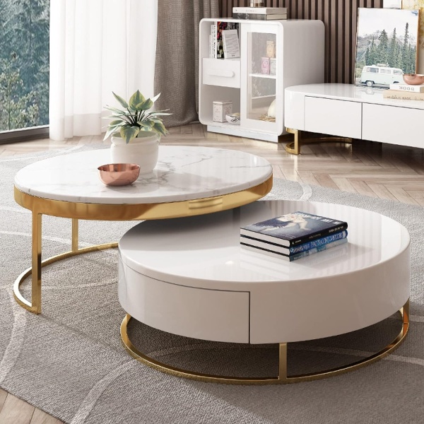 WoodFX woodefurniture Modern White Round Stone Nesting Coffee Table with 2 Drawers