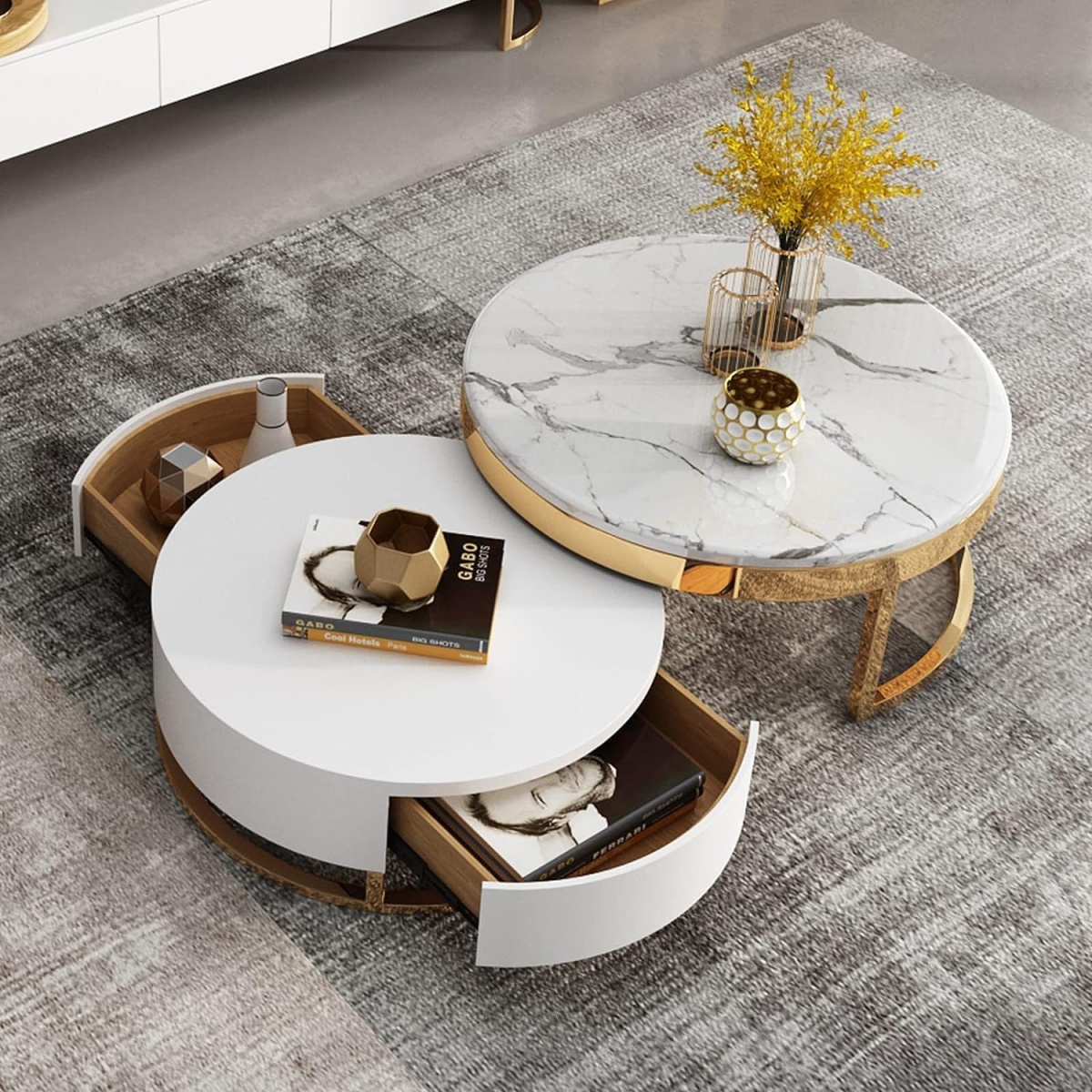 WoodFX woodefurniture Modern White Round Stone Nesting Coffee Table with 2 Drawers