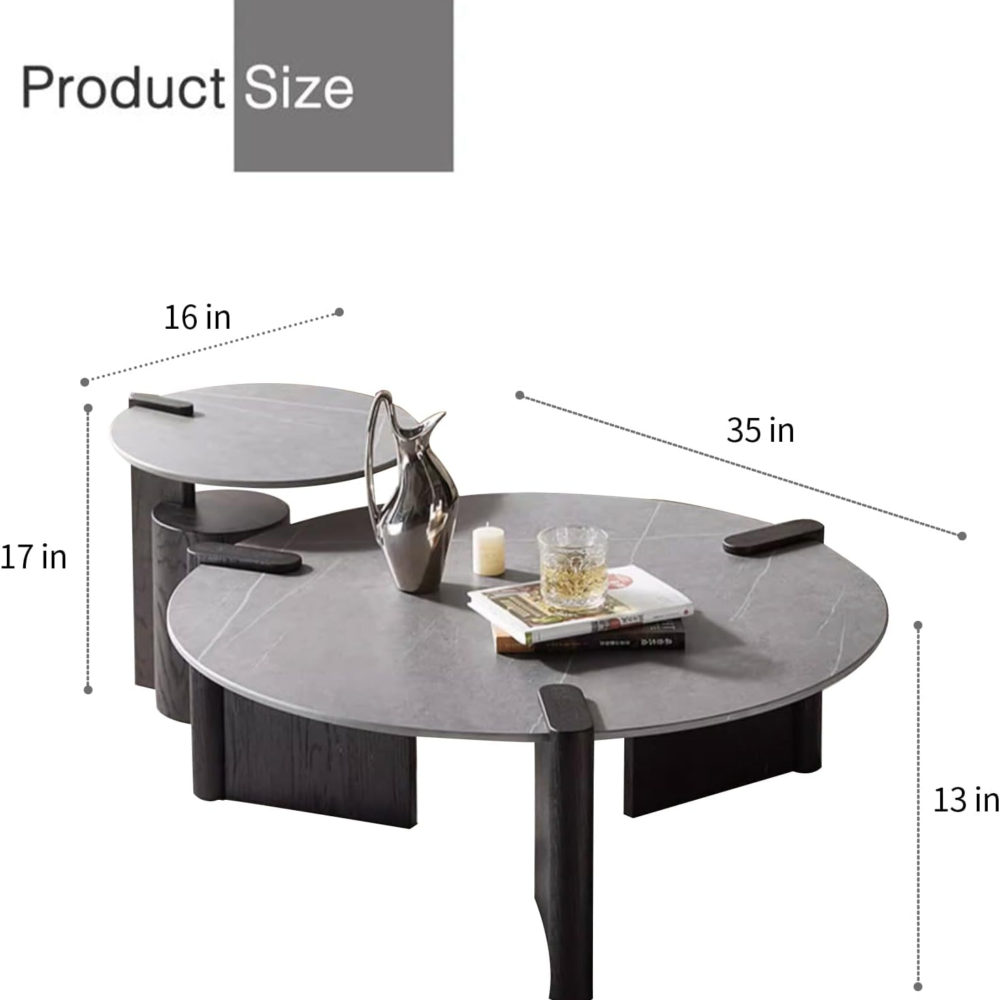 WoodFX woodefurniture Round Coffee Table, 35in 2-Part Unique Modern Grey Sintered Stone, with Solid Wood Leg