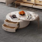 WoodFX woodefurniture.com Coffee Round Table with Slate Tabletop Metal Frame,2 Wooden Drawer