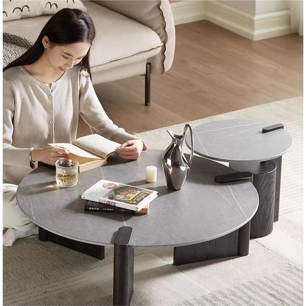 WoodFX woodefurniture coffee GREY Round Table with Slate Marble tabletop Wooden Frame