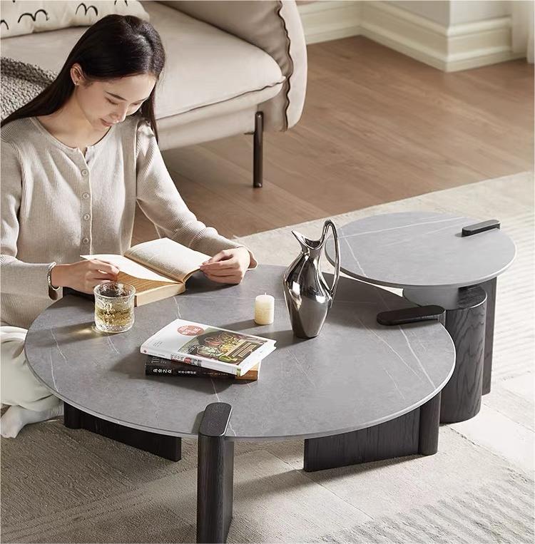 WoodFX woodefurniture coffee GREY Round Table with Slate Marble tabletop Wooden Frame