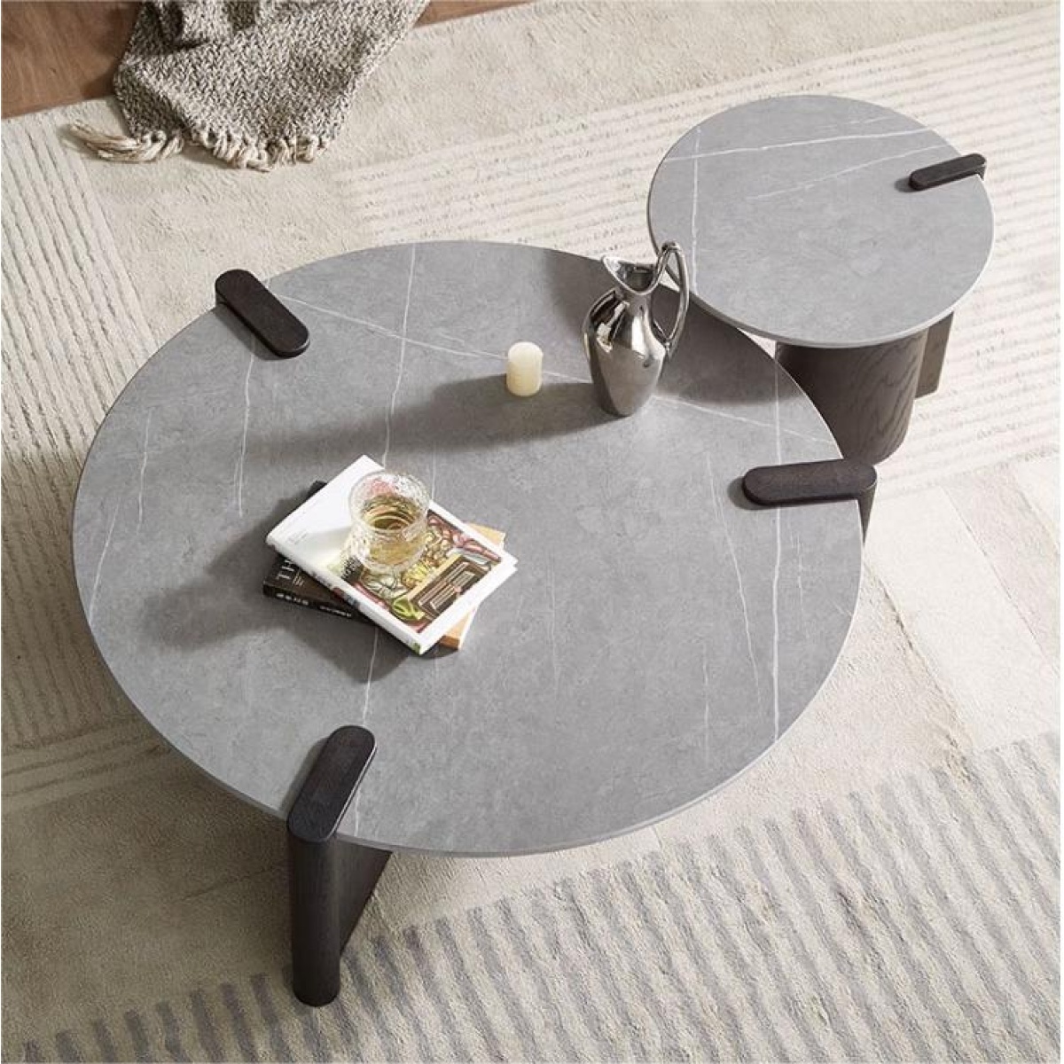 WoodFX woodefurniture Modern Nesting Coffee Table WoodFX woodefurniture Round Coffee Table, 35in 2-Part Unique Modern Grey Sintered Stone, with Solid Wood Leg