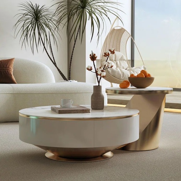 WoodFX woodefurniture White Stone Modern Bunching Coffee Tables with Steel Pedestal Base