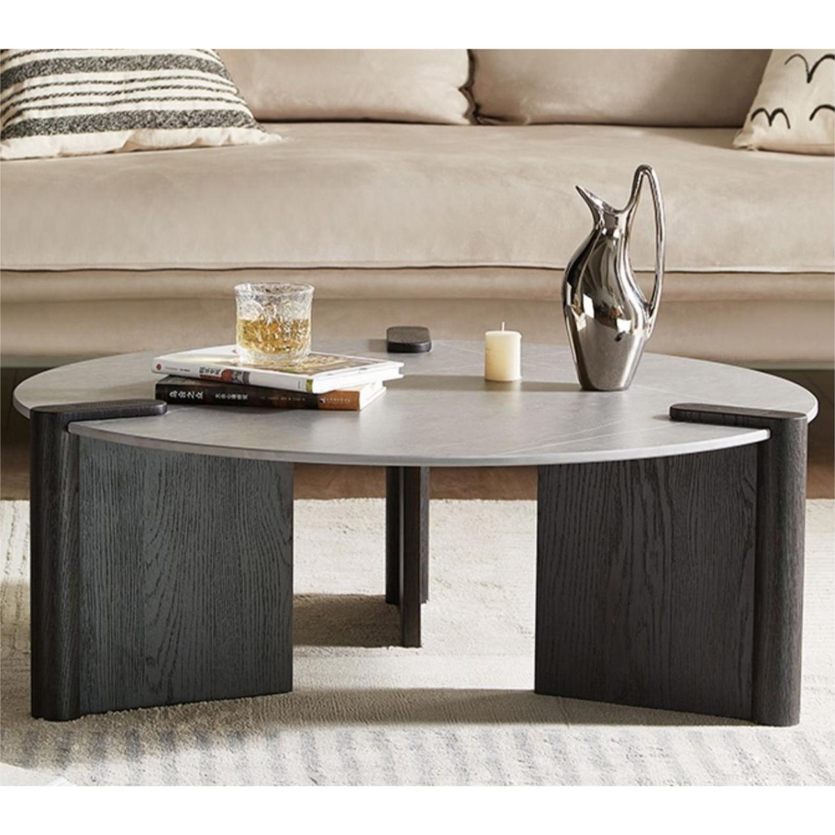 WoodFX woodefurniture coffee Grey Round Table with Slate Marble tabletop Wooden Frame