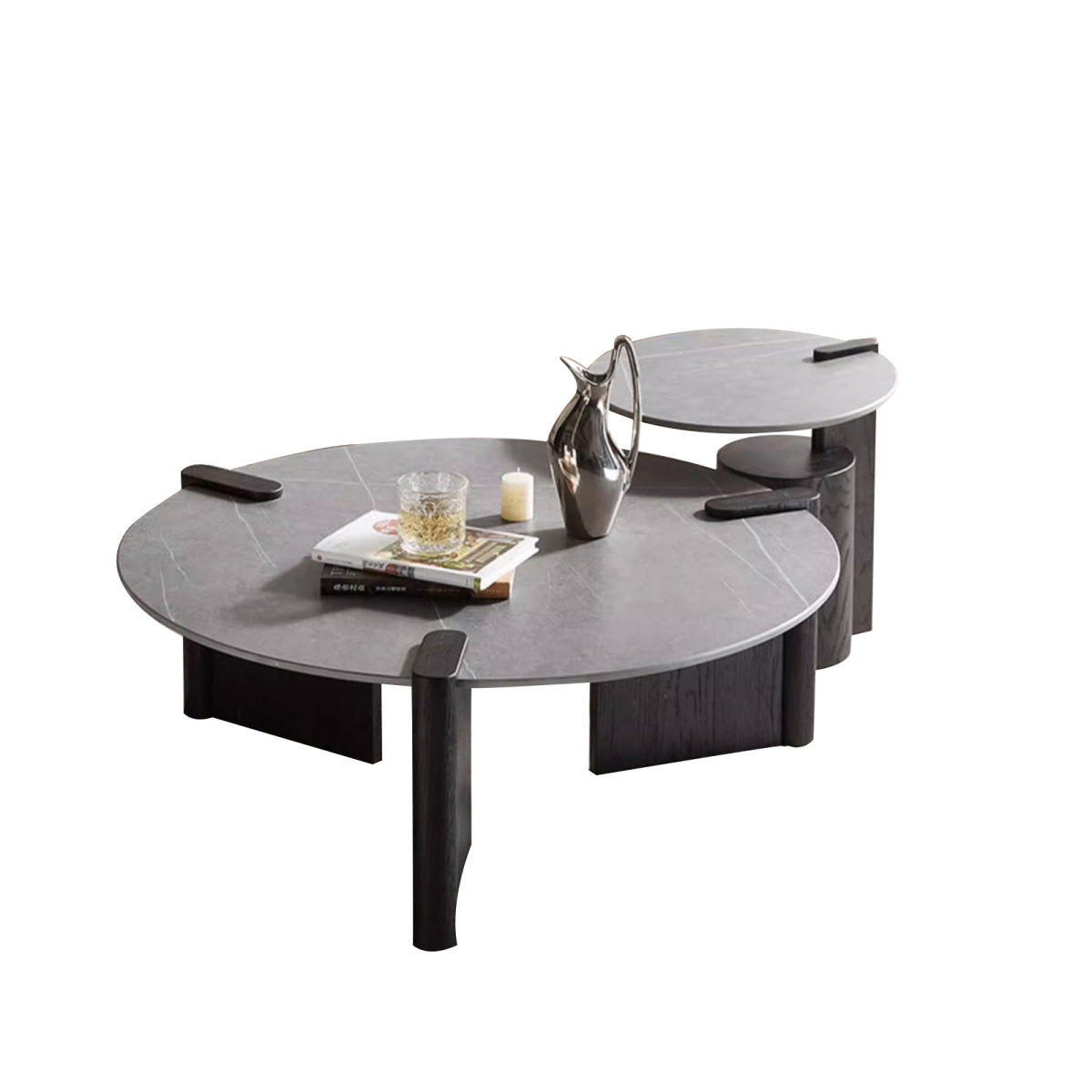 WoodFX woodefurniture Round Coffee Table, 35in 2-Part Unique Modern Grey Sintered Stone, with Solid Wood Leg