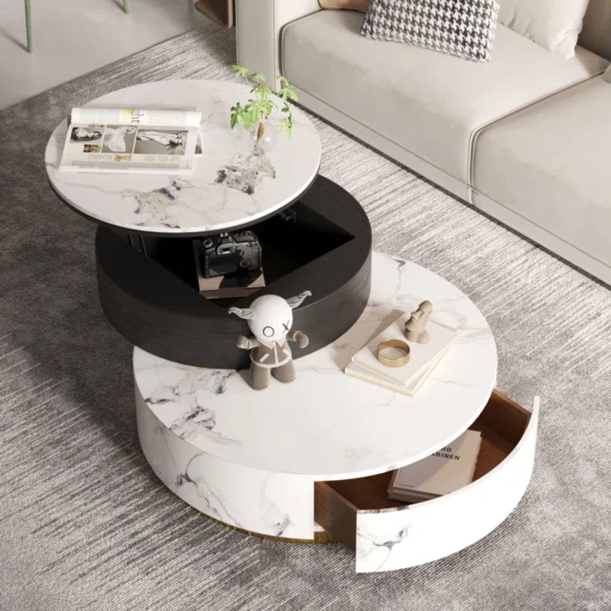 WoodFX woodefurniture Round White Coffee Table, 360° Rotated Lift Top Coffee Table with Hidden Storage